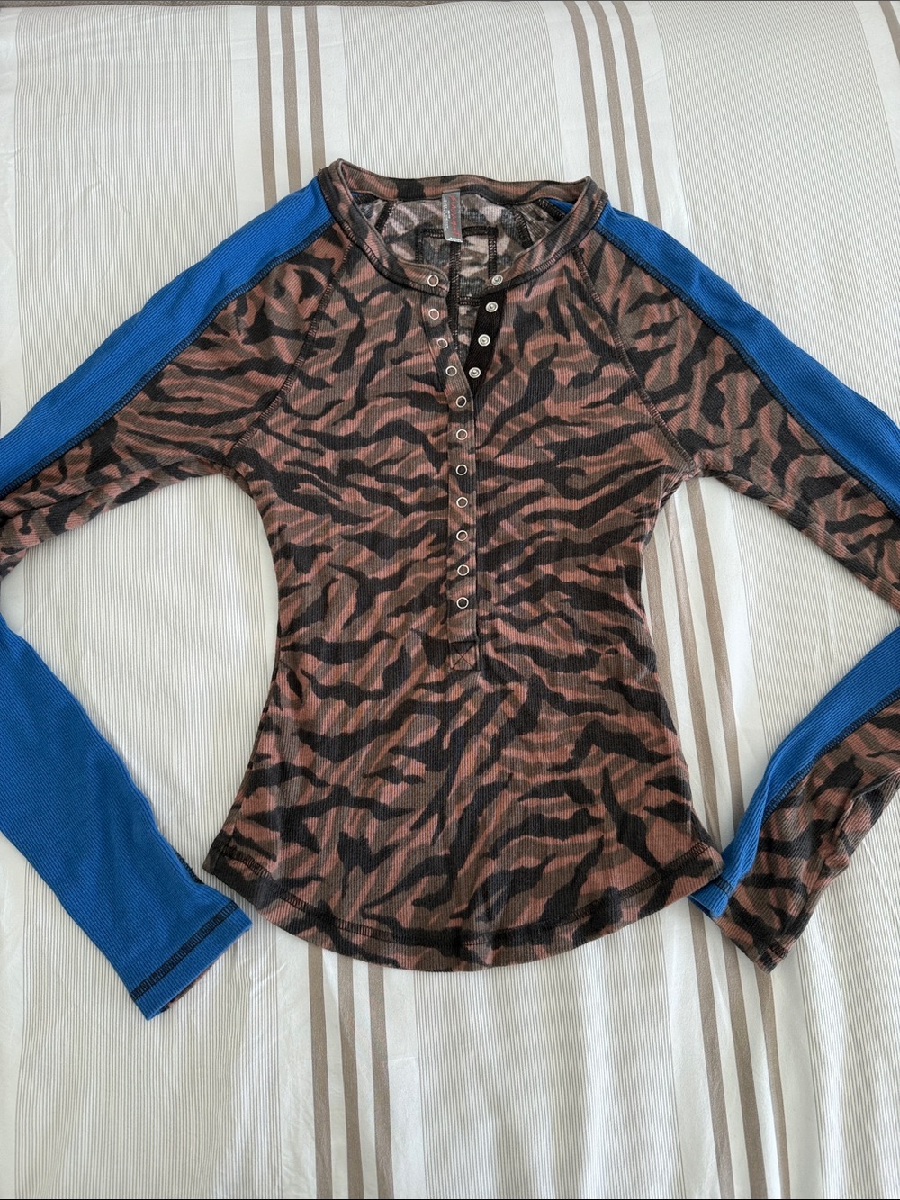 Brown Tiger-Print Fitted Button Up Henley with Stripe Blue Raglan Sleeves